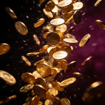 Gold coins falling through dark air